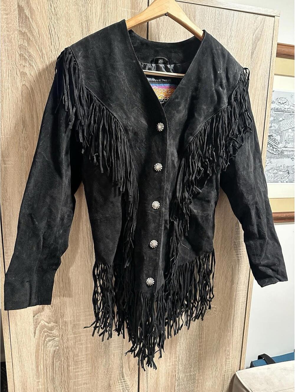 Vintage Cripple Creek Leather Jacket Woman M Black Fringe Western Cowgirl Rodeo